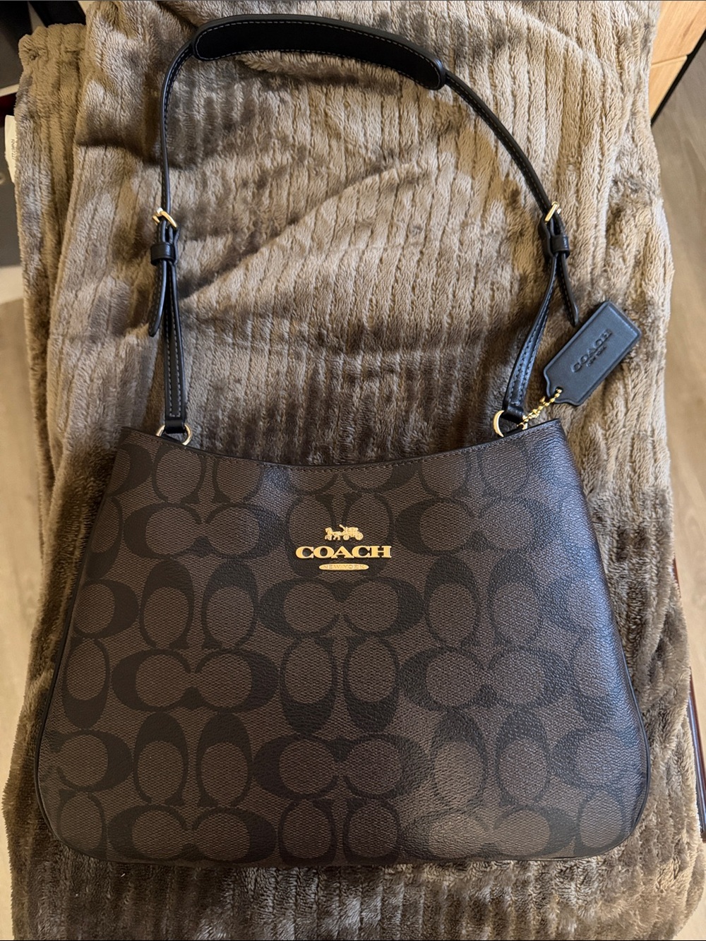 Coach Brown Signature Canvas Penelope Shoulder Bag with Gold Logo